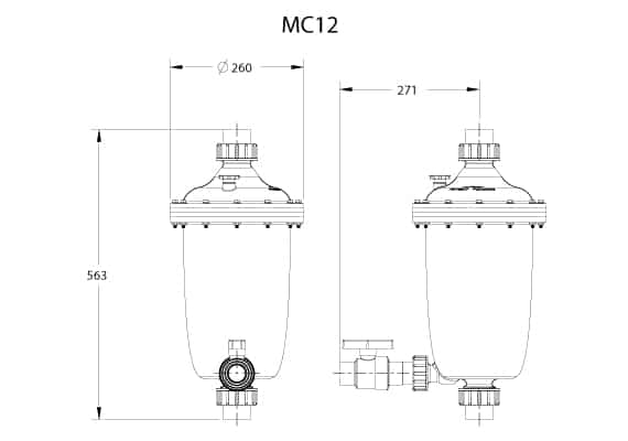 DImensions Préfiltre centrifuge Waterco Multicyclone 12